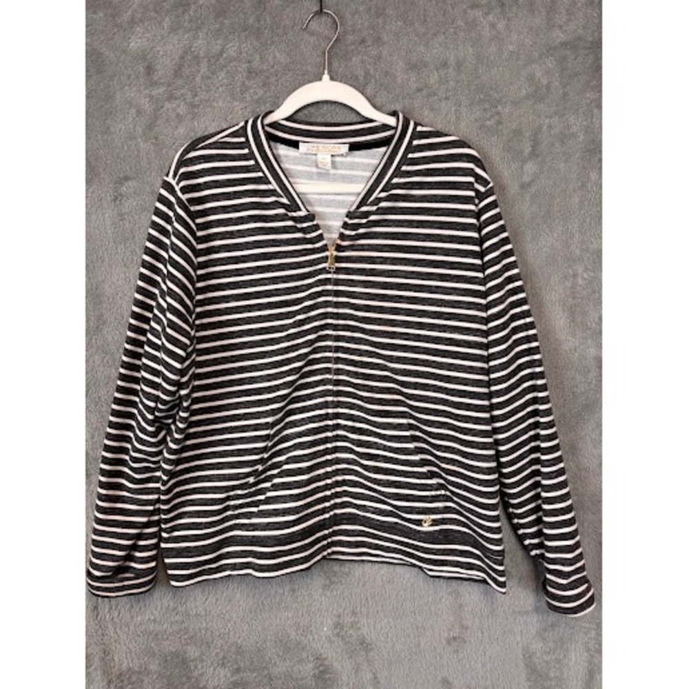 Life Worx Gloria Vanderbilt Womens XL Striped Full Zip Sweatshirt Charcoal Grey